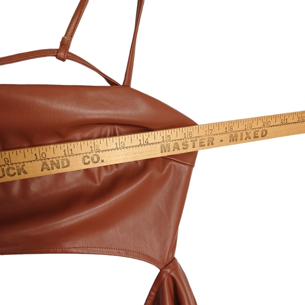 FASHION NOVA Brown Faux Leather Mid Cut Out Strappy Back Mini Bodycon Dress M - Picture 8 of 9